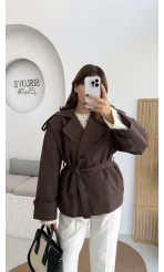 Anastasia Kuşaklı Kısa Trençkot - Kahve - Kod: 9609