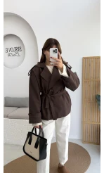 Anastasia Kuşaklı Kısa Trençkot - Kahve - Kod: 9609