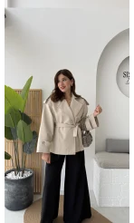 Anastasia Kuşaklı Kısa Trençkot - Taş - Kod: 9609