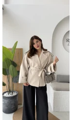 Anastasia Kuşaklı Kısa Trençkot - Taş - Kod: 9609
