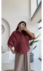 Andora Oversize İpeksi Gömlek - Bordo - Kod: 4927