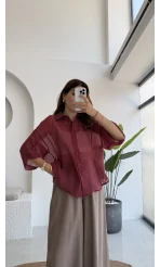 Andora Oversize İpeksi Gömlek - Bordo - Kod: 4927