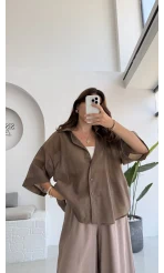 Andora Oversize İpeksi Gömlek - Kahve - Kod: 4927