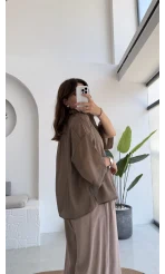 Andora Oversize İpeksi Gömlek - Kahve - Kod: 4927