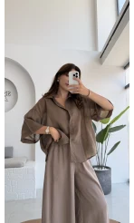 Andora Oversize İpeksi Gömlek - Kahve - Kod: 4927