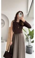 Angelina Beli Deri Detaylı Ekose Etek - Kahve-Yeşil