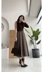 Angelina Beli Deri Detaylı Ekose Etek - Kahve-Yeşil