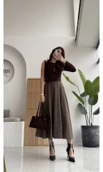 Angelina Beli Deri Detaylı Ekose Etek - Kahve-Yeşil