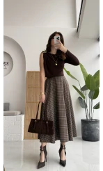 Angelina Beli Deri Detaylı Ekose Etek - Kahve-Yeşil