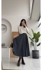 Angelina Beli Deri Detaylı Ekose Etek - Lacivert-Gri