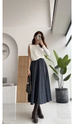 Angelina Beli Deri Detaylı Ekose Etek - Lacivert-Gri