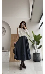 Angelina Beli Deri Detaylı Ekose Etek - Lacivert-Gri