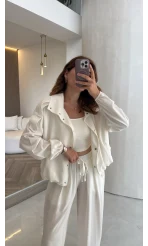 Apoletli Tensel Bomber Ceket Pantolon Takım - Beyaz - Kod: 7343