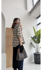 April Ekose Desenli Tek Cepli Gömlek - Bej