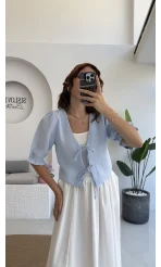 1017 - Arin Kolu Lastik Detay Bluz - Bebe Mavisi
