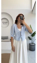 1017 - Arin Kolu Lastik Detay Bluz - Bebe Mavisi