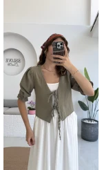 1017 - Arin Kolu Lastik Detay Bluz - Haki