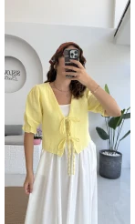 1017 - Arin Kolu Lastik Detay Bluz - Sarı