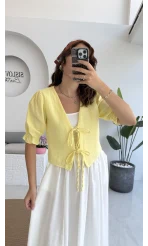 1017 - Arin Kolu Lastik Detay Bluz - Sarı