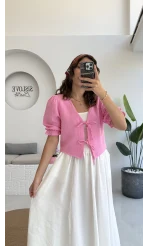 1017 - Arin Kolu Lastik Detay Bluz - Şeker Pembesi