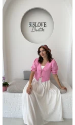 1017 - Arin Kolu Lastik Detay Bluz - Şeker Pembesi