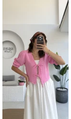 1017 - Arin Kolu Lastik Detay Bluz - Şeker Pembesi