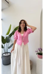 1017 - Arin Kolu Lastik Detay Bluz - Şeker Pembesi