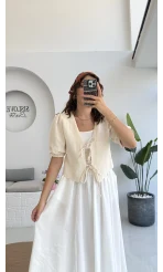 1017 - Arin Kolu Lastik Detay Bluz - Taş