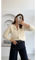 Arjana Kalp Düğmeli Sakallı Hırka - Ekru - Kod: 25502