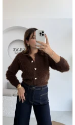 Arjana Kalp Düğmeli Sakallı Hırka - Kahverengi - Kod: 25502