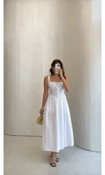 Arkası Gipeli Uzun Elbise - Beyaz - Kod: 8706