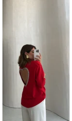 Arkası Taşlı Kalp Detaylı Tshirt - Kırmızı