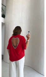 Arkası Taşlı Kalp Detaylı Tshirt - Kırmızı