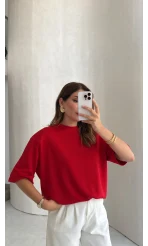 Arkası Taşlı Kalp Detaylı Tshirt - Kırmızı
