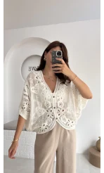 Arya Dantel Detay Kimono - Kırık Beyaz - 38866