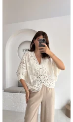 Arya Dantel Detay Kimono - Kırık Beyaz - 38866