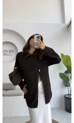 Asimetrik Fermuarlı Örme Uzun Kazak - Acı Kahve