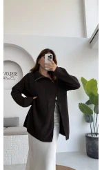 Asimetrik Fermuarlı Örme Uzun Kazak - Acı Kahve