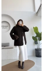 Asimetrik Fermuarlı Örme Uzun Kazak - Acı Kahve