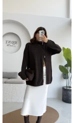 Asimetrik Fermuarlı Örme Uzun Kazak - Acı Kahve