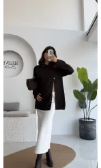 Asimetrik Fermuarlı Örme Uzun Kazak - Acı Kahve