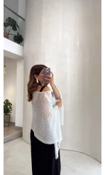 Asimetrik Kesim Kayık Yaka Pelerin Panço Üst - Ekru - Kod: 2777