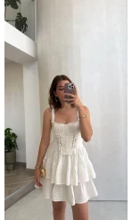 Askılı Beli Gipeli Korse Mini Elbise - Beyaz - Kod: 930
