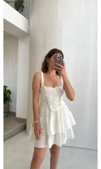 Askılı Beli Gipeli Korse Mini Elbise - Beyaz - Kod: 930