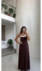Askılı Body Detaylı Garnili Elbise - Kahve - Kod: 4171