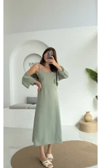 Askılı Gömlek Elbise Takım - 51153 - Çağla Yeşili