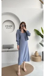Askılı Gömlek Elbise Takım - 51153 - Gri-Mavi