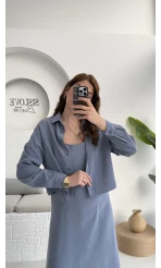 Askılı Gömlek Elbise Takım - 51153 - Gri-Mavi