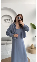 Askılı Gömlek Elbise Takım - 51153 - Gri-Mavi