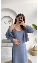 Askılı Gömlek Elbise Takım - 51153 - Gri-Mavi